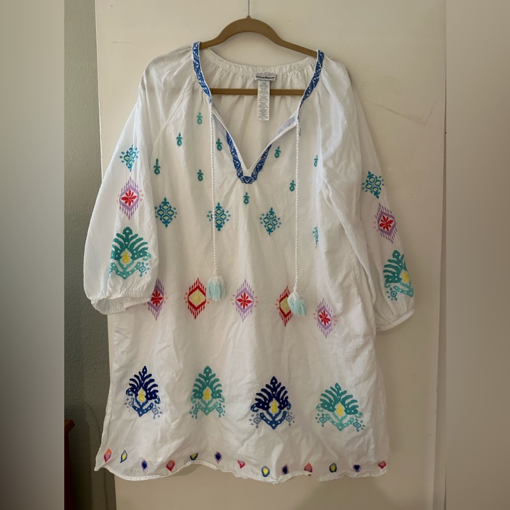 Tommy Bahama watercolor Cotton-Voile Embroidered Split Neck Dress Size XL